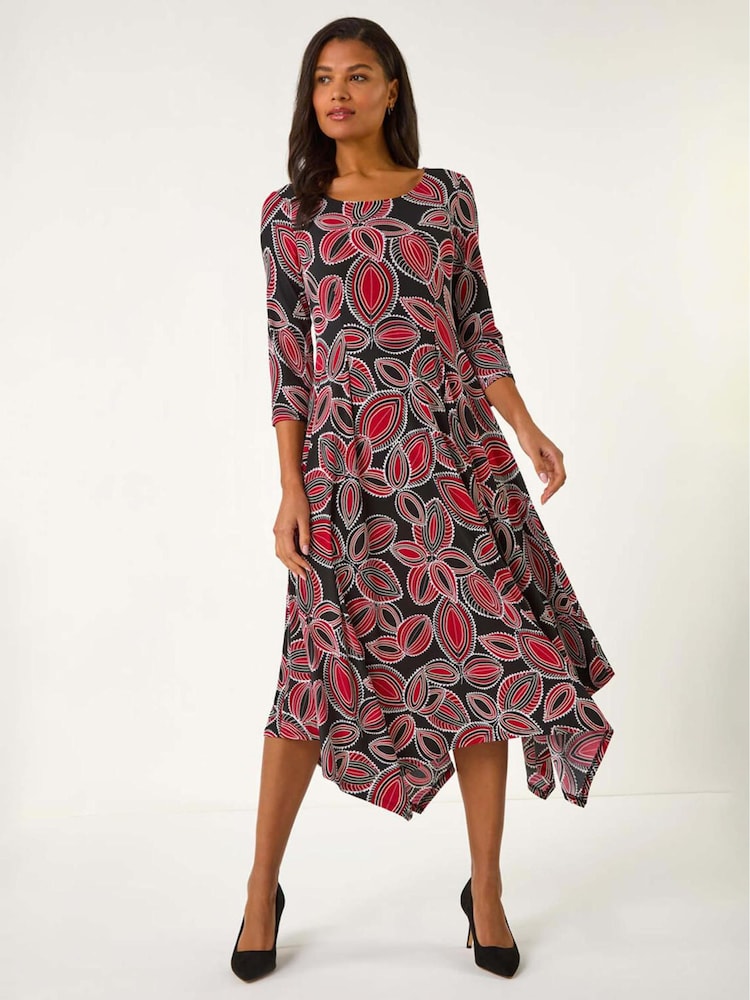 Roman Red Leaf Print Hanky Hem Stretch Midi Dress - Image 1 of 5