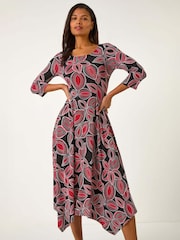 Roman Red Leaf Print Hanky Hem Stretch Midi Dress - Image 2 of 5