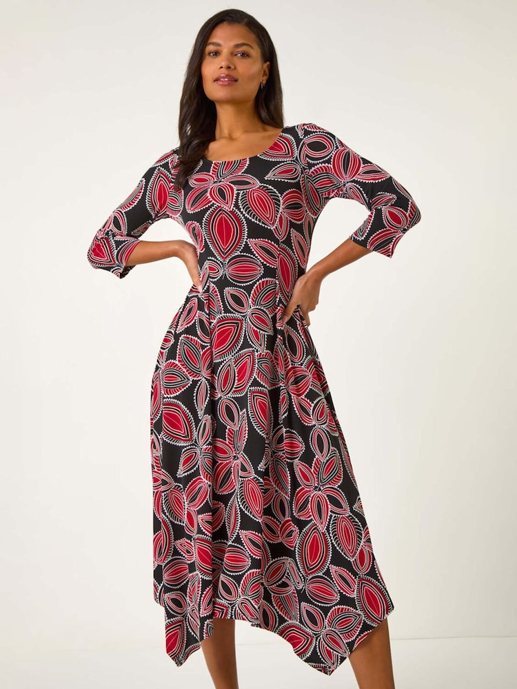 Roman Red Leaf Print Hanky Hem Stretch Midi Dress - Image 2 of 5