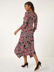 Roman Red Leaf Print Hanky Hem Stretch Midi Dress - Image 3 of 5