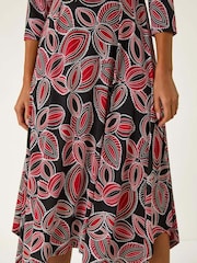 Roman Red Leaf Print Hanky Hem Stretch Midi Dress - Image 5 of 5