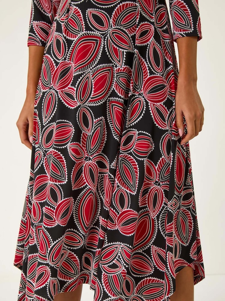 Roman Red Leaf Print Hanky Hem Stretch Midi Dress - Image 5 of 5