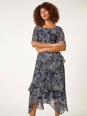 Roman Blue Floral Print Spot Frill Midi Dress - Image 1 of 5