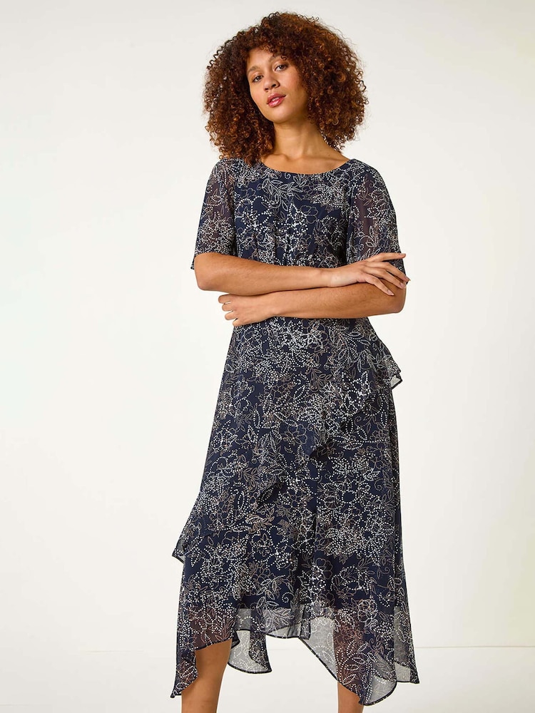 Roman Blue Floral Print Spot Frill Midi Dress - Image 1 of 5