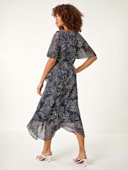 Roman Blue Floral Print Spot Frill Midi Dress - Image 2 of 5