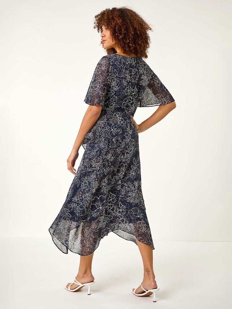 Roman Blue Floral Print Spot Frill Midi Dress - Image 2 of 5