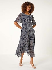 Roman Blue Floral Print Spot Frill Midi Dress - Image 3 of 5