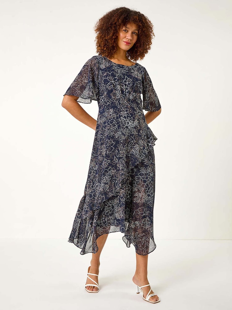 Roman Blue Floral Print Spot Frill Midi Dress - Image 3 of 5