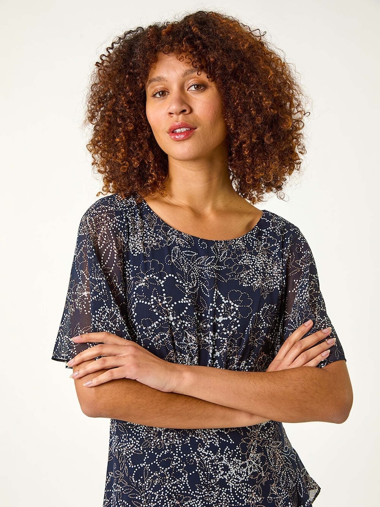 Roman Blue Floral Print Spot Frill Midi Dress - Image 4 of 5