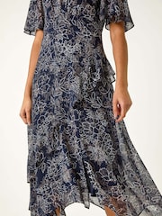 Roman Blue Floral Print Spot Frill Midi Dress - Image 5 of 5