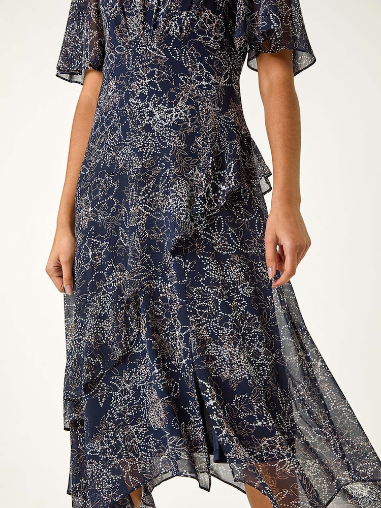 Roman Blue Floral Print Spot Frill Midi Dress - Image 5 of 5