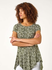 Roman Green Leaf Print Hanky Hem Stretch Top - Image 1 of 5