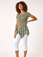 Roman Green Leaf Print Hanky Hem Stretch Top - Image 2 of 5