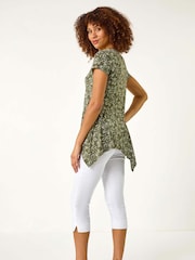 Roman Green Leaf Print Hanky Hem Stretch Top - Image 3 of 5