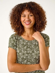 Roman Green Leaf Print Hanky Hem Stretch Top - Image 4 of 5