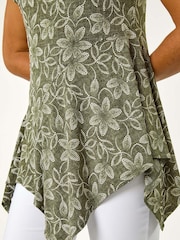 Roman Green Leaf Print Hanky Hem Stretch Top - Image 5 of 5