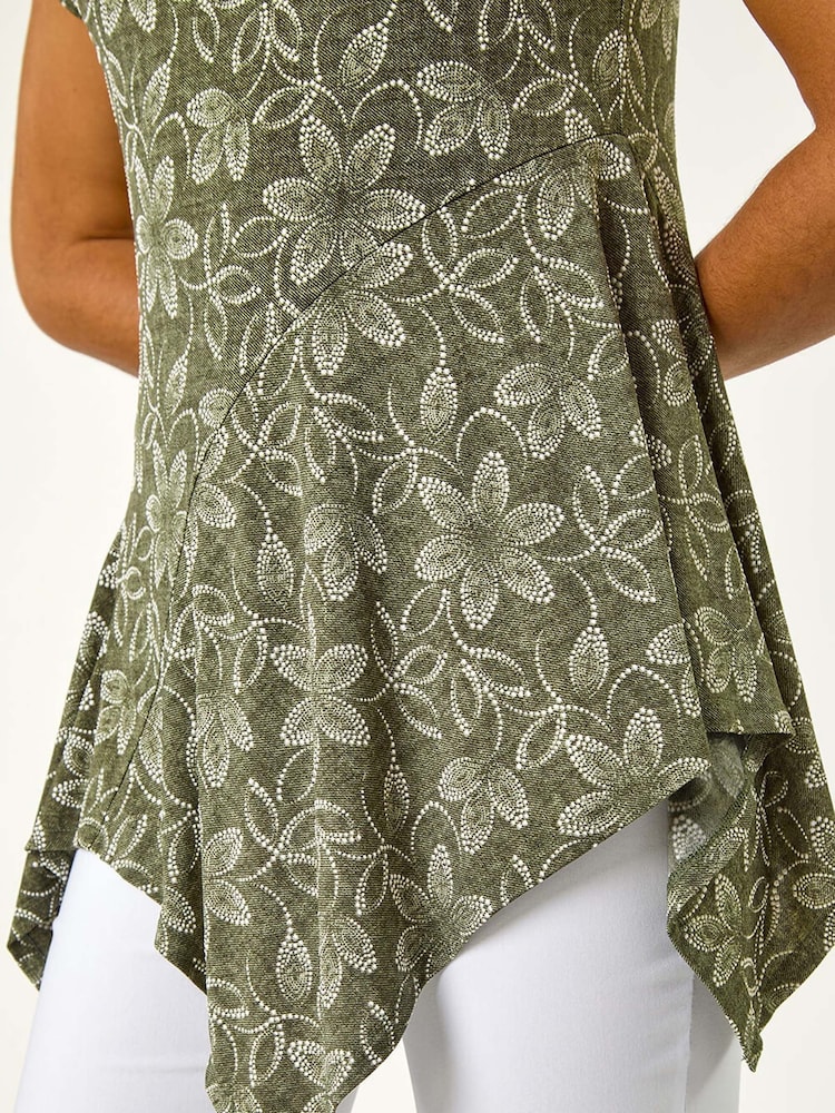 Roman Green Leaf Print Hanky Hem Stretch Top - Image 5 of 5