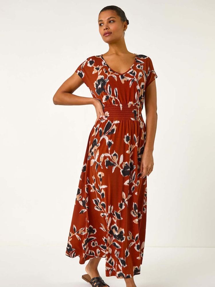 Roman Brown Abstract Print Ruched Waist Maxi Dress - Image 1 of 5