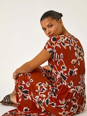 Roman Brown Abstract Print Ruched Waist Maxi Dress - Image 4 of 5