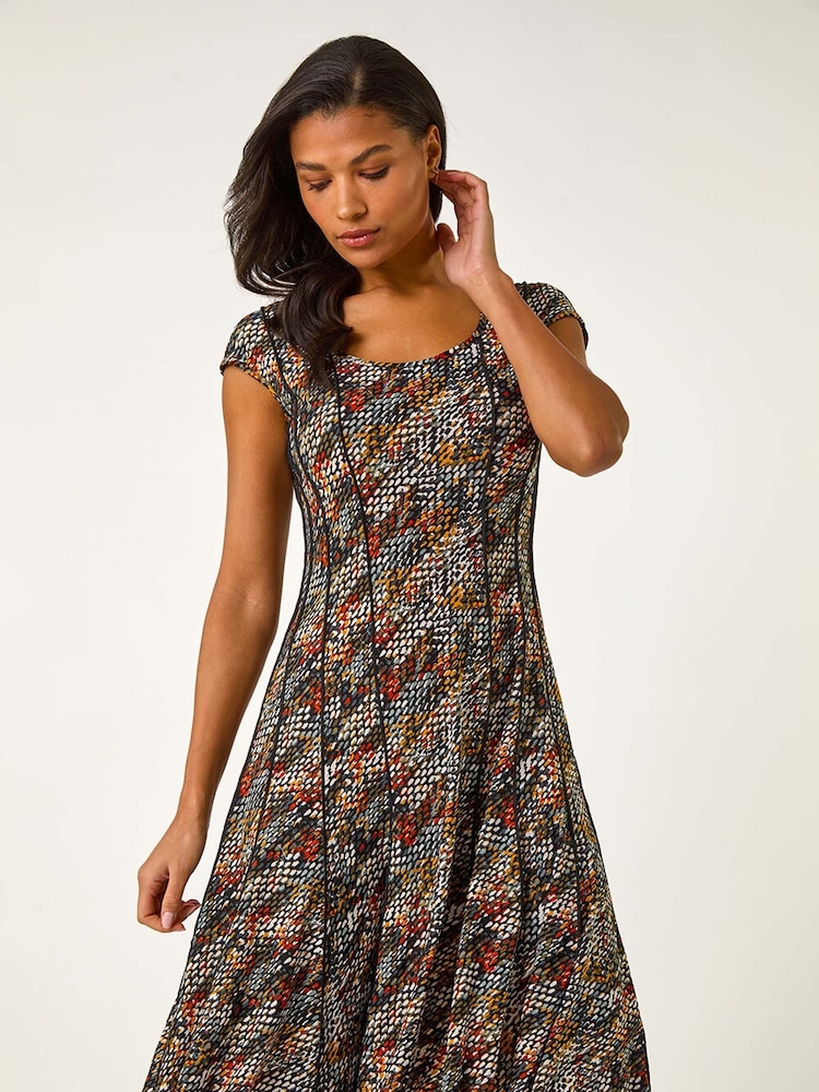Roman Black Abstract Print Paneled Midi Dress - Image 2 of 5