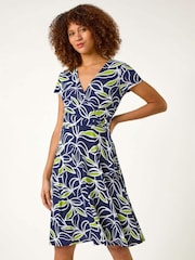 Roman Green Leaf Print Wrap Bodice Dress - Image 2 of 5