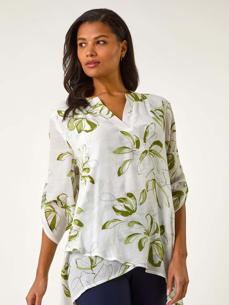 Roman Green/White Floral Print Pleat Front Top - Image 1 of 5