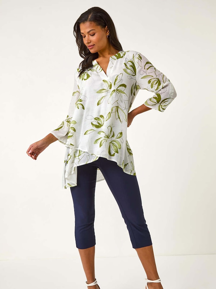 Roman Green/White Floral Print Pleat Front Top - Image 2 of 5