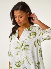 Roman Green/White Floral Print Pleat Front Top - Image 4 of 5