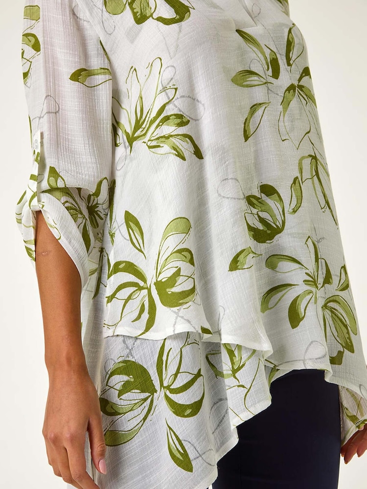 Roman Green/White Floral Print Pleat Front Top - Image 5 of 5