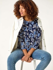 Roman Blue Floral Print Jersey Top - Image 1 of 5