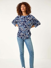 Roman Blue Floral Print Jersey Top - Image 2 of 5