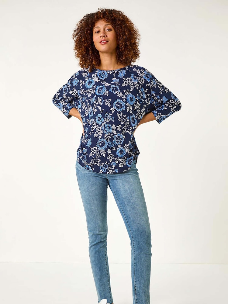 Roman Blue Floral Print Jersey Top - Image 2 of 5
