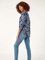 Roman Blue Floral Print Jersey Top - Image 3 of 5