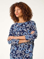 Roman Blue Floral Print Jersey Top - Image 4 of 5