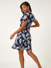 Roman Blue Leaf Print Lace Stretch Dress - Image 2 of 5