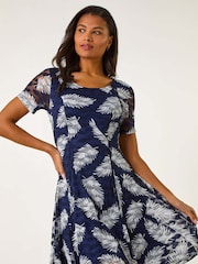 Roman Blue Leaf Print Lace Stretch Dress - Image 3 of 5