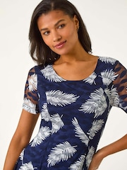 Roman Blue Leaf Print Lace Stretch Dress - Image 4 of 5