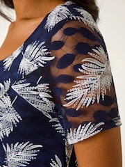 Roman Blue Leaf Print Lace Stretch Dress - Image 5 of 5
