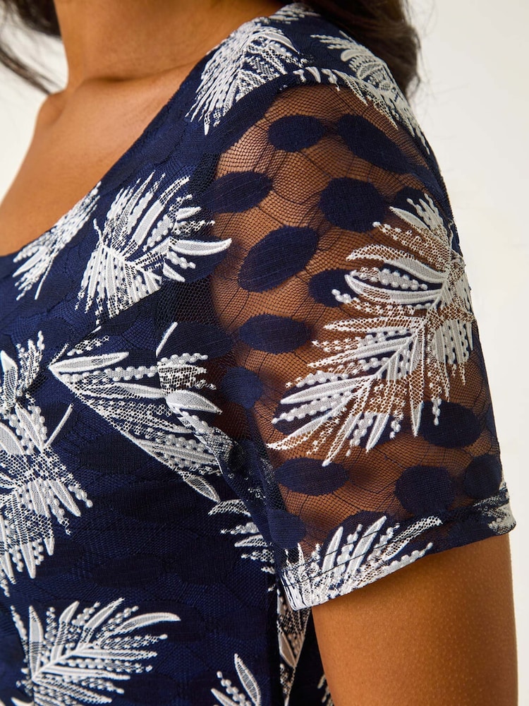 Roman Blue Leaf Print Lace Stretch Dress - Image 5 of 5