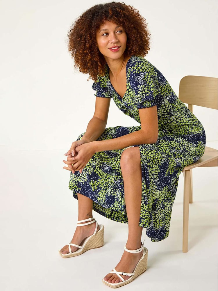 Roman Green Floral Print Ruched Stretch Midi Dress - Image 1 of 5