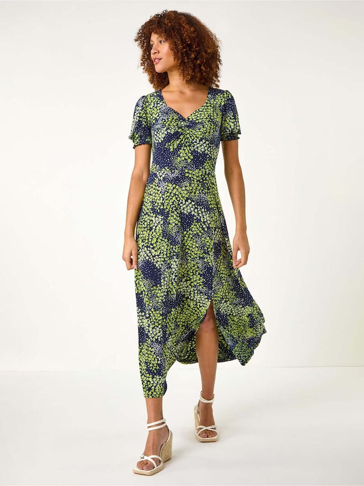 Roman Green Floral Print Ruched Stretch Midi Dress - Image 2 of 5