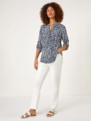 Roman Blue Textured Leaf Print V-Neck Stretch Shirt - Image 2 of 5