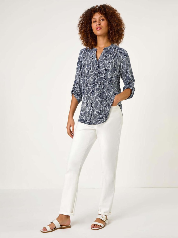 Roman Blue Textured Leaf Print V-Neck Stretch Shirt - Image 2 of 5