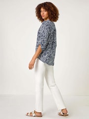 Roman Blue Textured Leaf Print V-Neck Stretch Shirt - Image 3 of 5