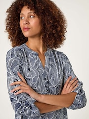 Roman Blue Textured Leaf Print V-Neck Stretch Shirt - Image 4 of 5