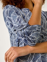 Roman Blue Textured Leaf Print V-Neck Stretch Shirt - Image 5 of 5