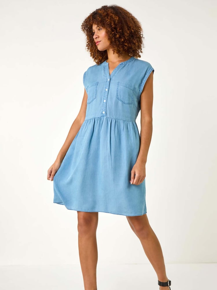 Roman Blue Denim Button Short Dress - Image 2 of 5