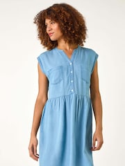 Roman Blue Denim Button Short Dress - Image 4 of 5