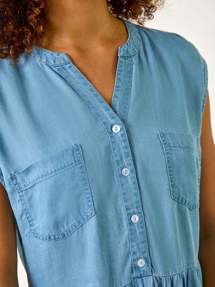 Roman Blue Denim Button Short Dress - Image 5 of 5