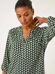 Roman Green Abstract Print V-Neck Button Stretch Shirt - Image 1 of 5
